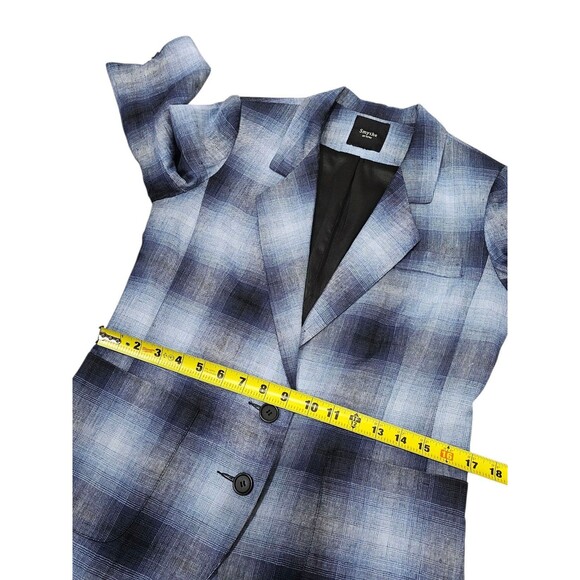 Smythe Blazer 100% Linen Shadow Plaid Tartan Blue Black Half Sleeve Pockets - Picture 10 of 16